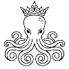 Black and white illustration of an octopus wearing a crown on a white background